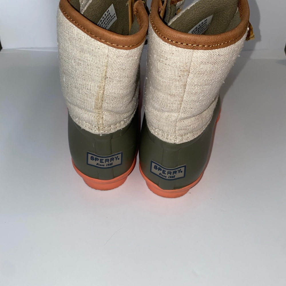 SPERRY Womens Green Duck Rain Boots with Tan Linen Upper Side Closure Size 6 GUC - Picture 3 of 5